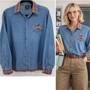 Vintage Lighthouse Chambray Denim Patch work Button Down Plaid trim Women's Med